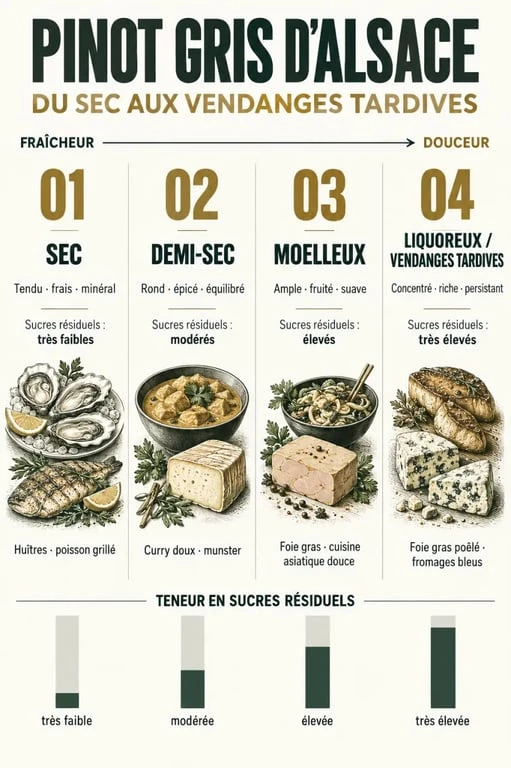 Infographie pour choisir un Pinot Gris Alsace avec quel plat selon le style du vin
