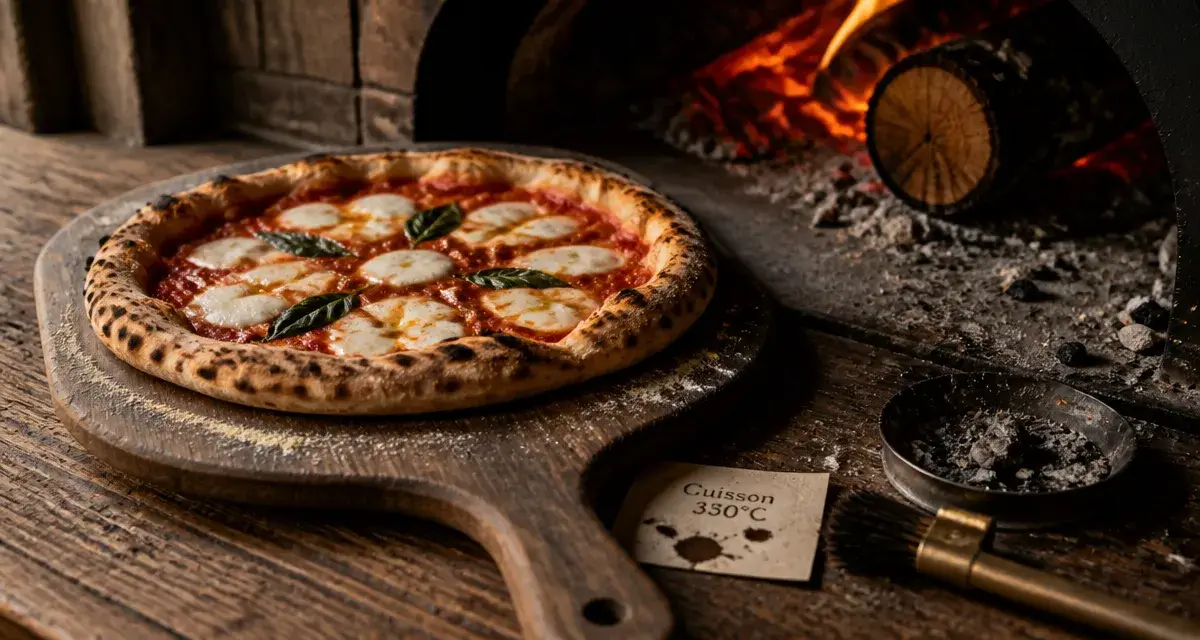 Pizza cuite au feu de bois à 350°C, croûte dorée en 90 secondes