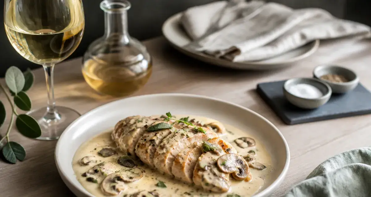 Quelle viande cuisiner avec du vin blanc : filet de poulet à la crème et champignons, verre de vin blanc