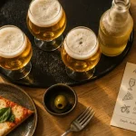 Bière italienne avec Peroni, Moretti ou Baladin sur table en bois et pizza