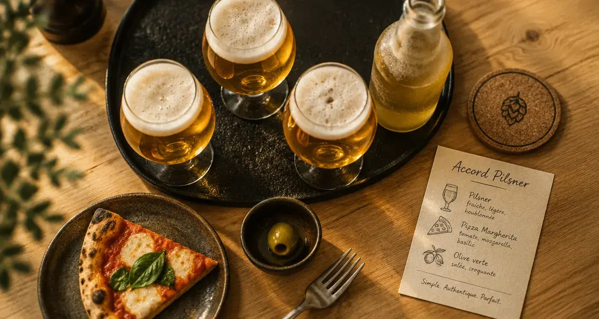 Bière italienne avec Peroni, Moretti ou Baladin sur table en bois et pizza