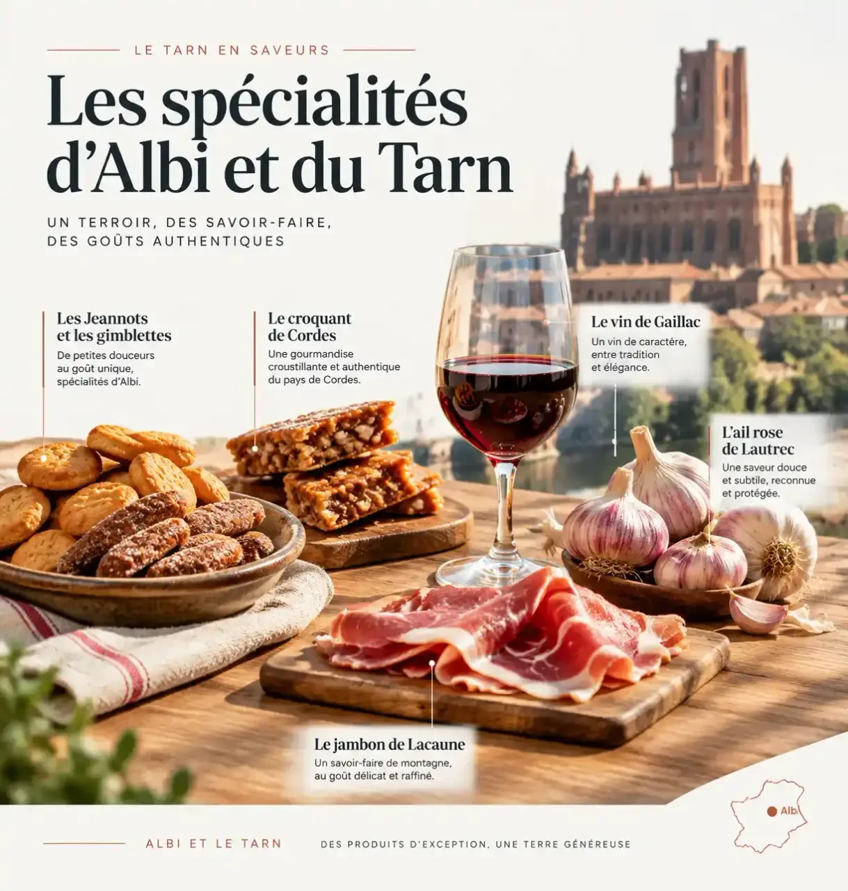 Spécialités d'Albi : Jeannots, gimblettes, ail rose de Lautrec, charcuteries de Lacaune et vin de Gaillac