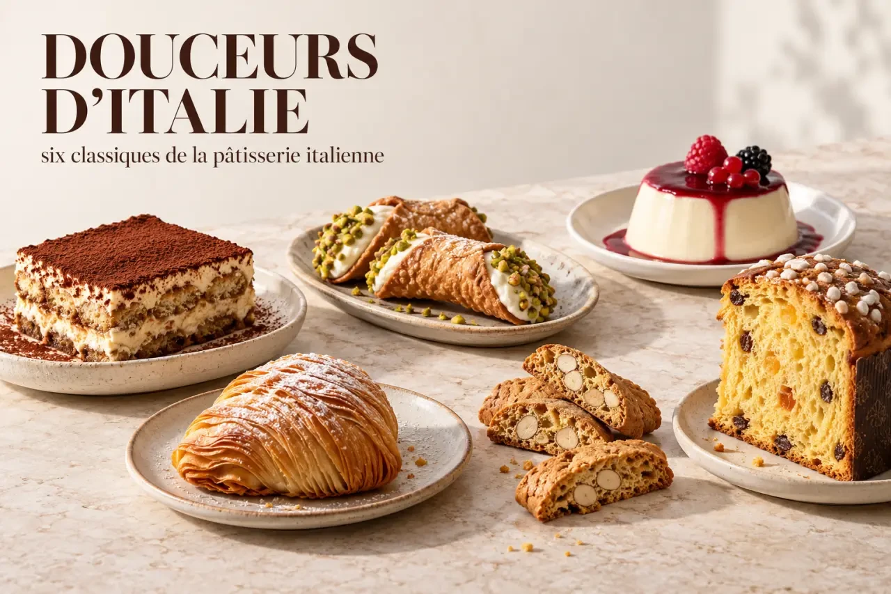 Spécialité italienne sucrée avec tiramisu, cannoli, panna cotta et autres desserts régionaux
