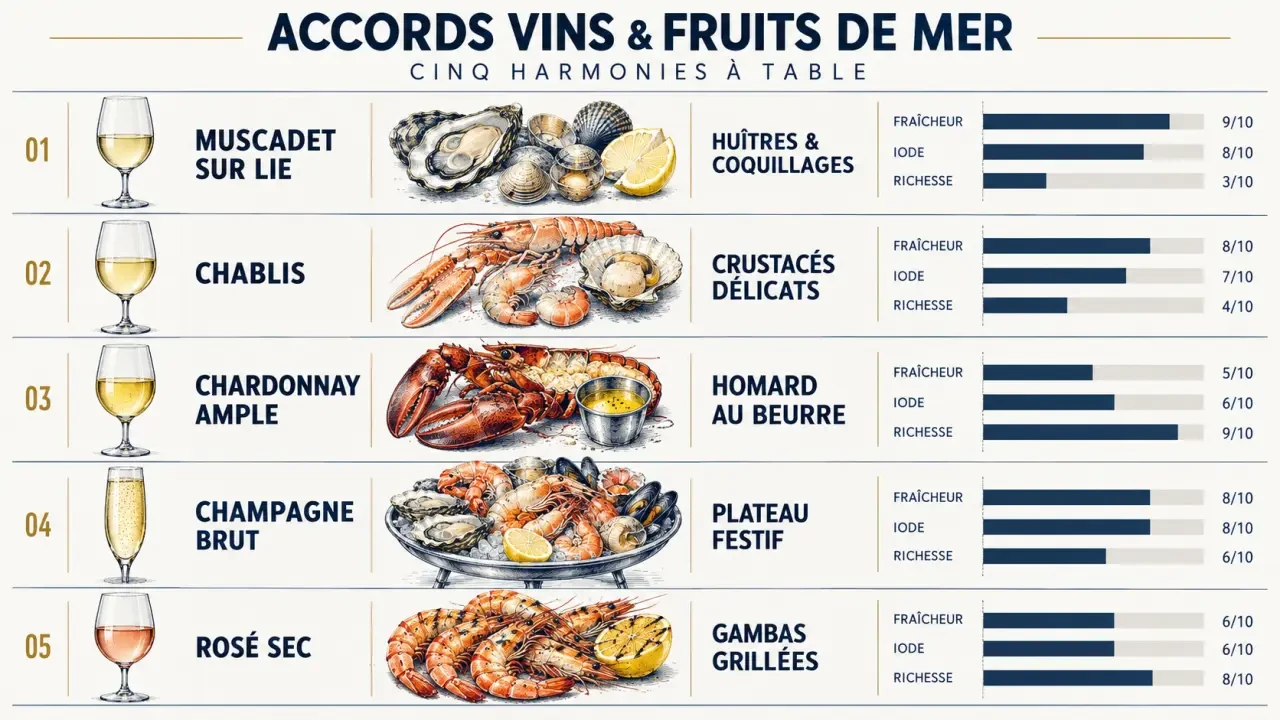 Quel vin avec des fruits de mer : accords entre muscadet, chablis, champagne et crustacés