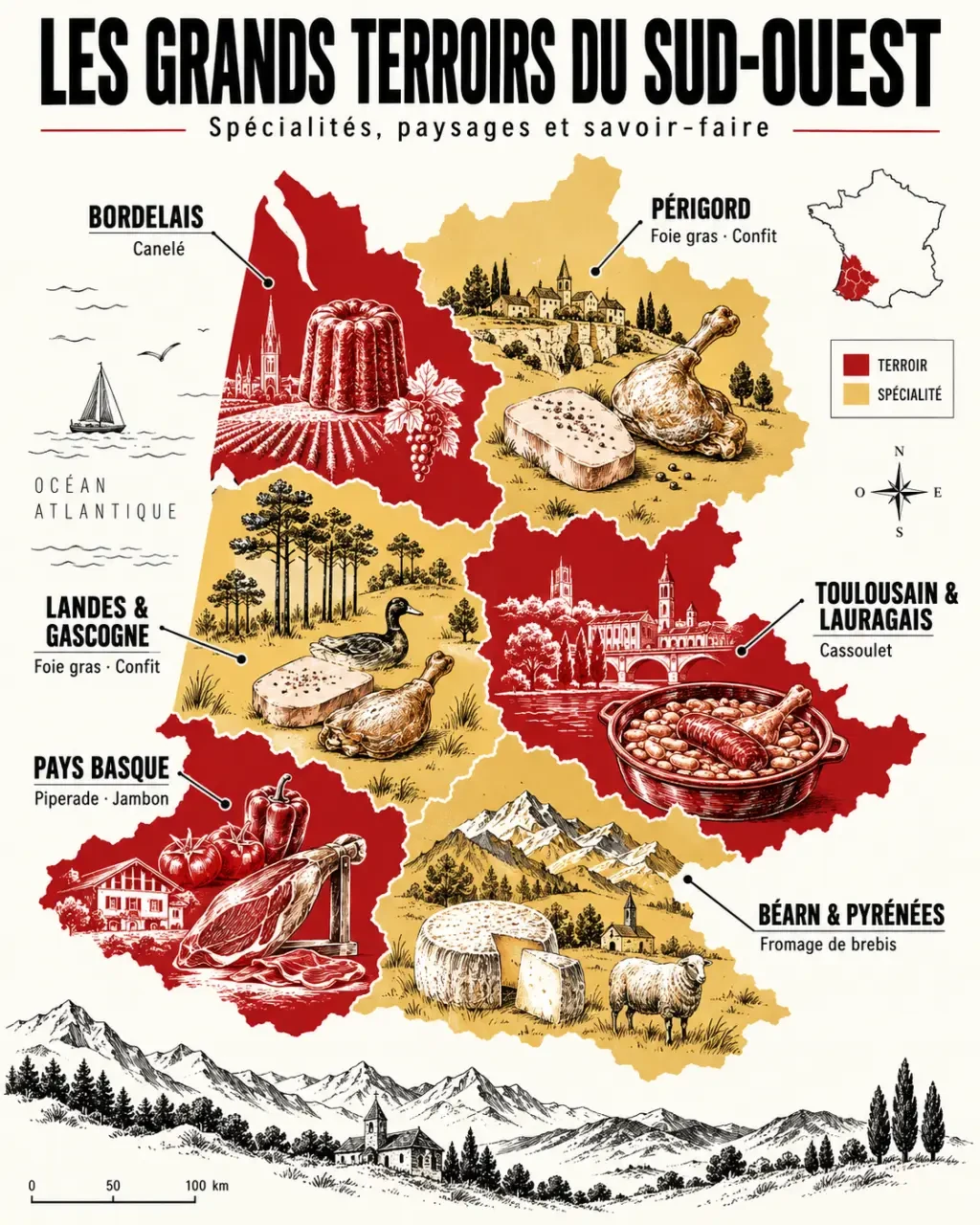 Infographie des spécialités sud ouest par terroir, du Périgord au Pays basque et aux Pyrénées