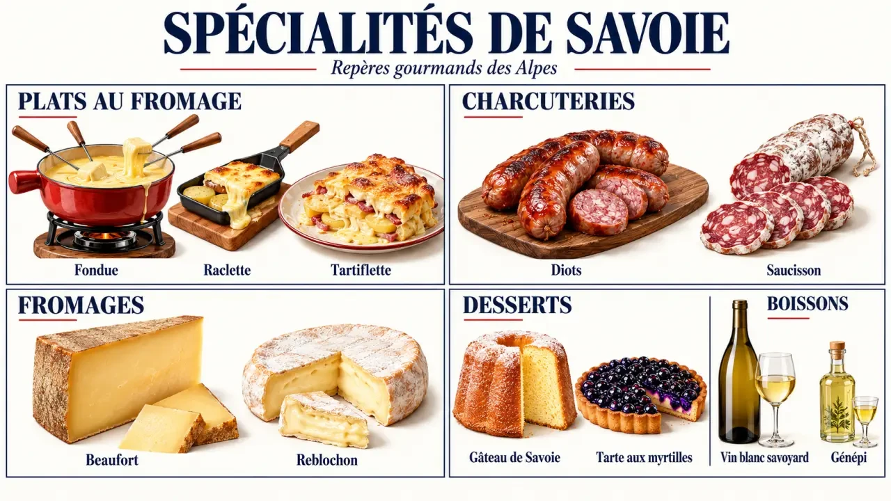 Spécialités de Savoie classées entre plats, fromages, charcuteries, desserts et boissons