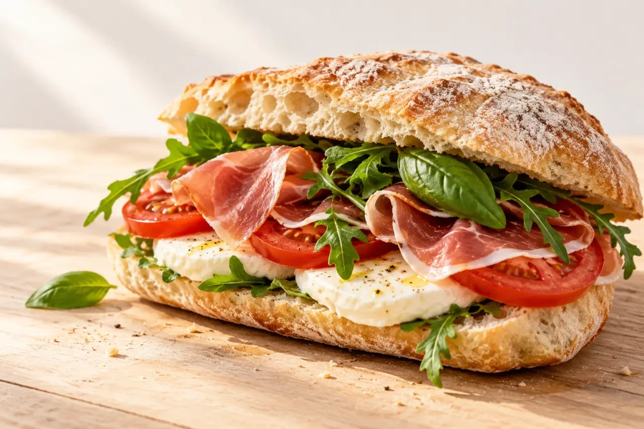 Sandwich italia en ciabatta avec mozzarella, jambon cru, tomate et roquette