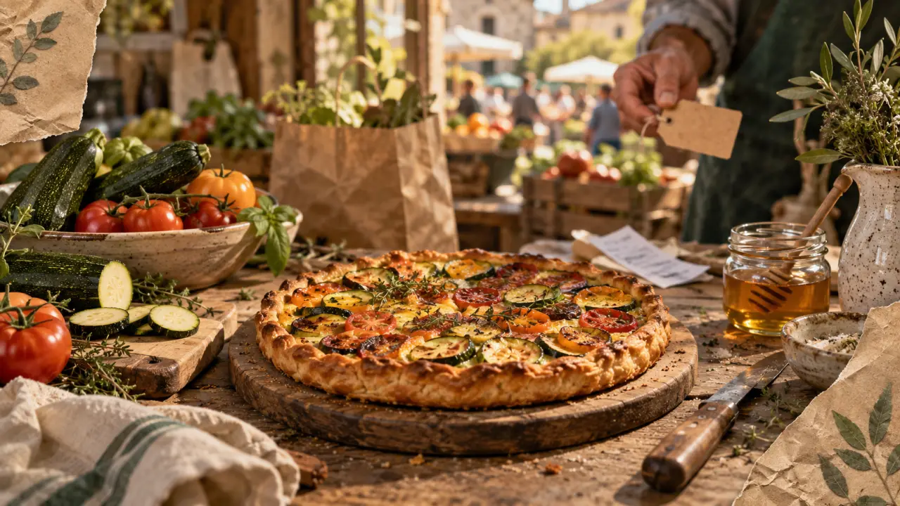 Produits locaux Tarn : tarte aux légumes de saison sur table en bois