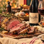 Quel vin avec un gigot d agneau : gigot rôti au thym et romarin, bouteille de vin rouge