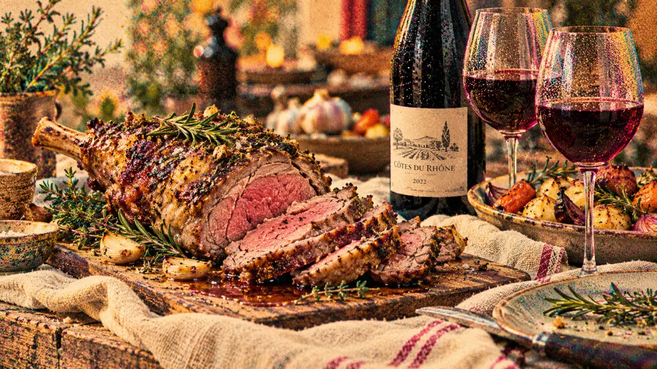 Quel vin avec un gigot d agneau : gigot rôti au thym et romarin, bouteille de vin rouge