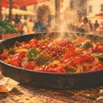 Spécialités sud ouest : piperade, jambon de Bayonne et Ossau-Iraty sur table en bois